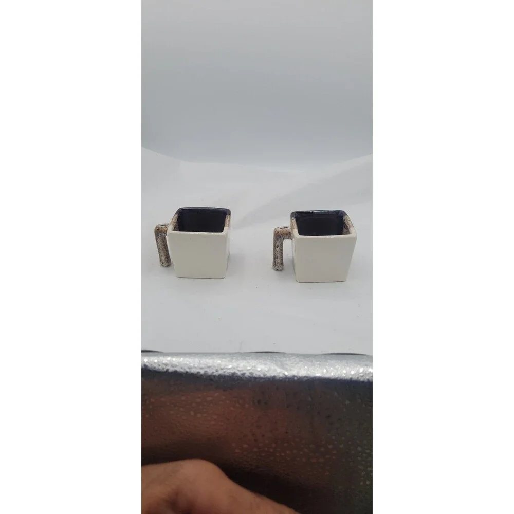 Pier 1 Imports Square Mugs Set of 2 Tri Color Glazed Stoneware Brown Tan